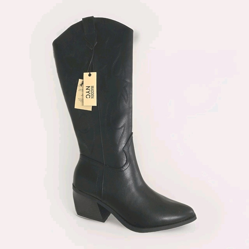 Madden NYC Boots Women's Sz 6 Tall Black Western Embroidered‎ Pointed Block Heel